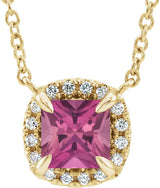14K Gold Square Natural Pink Tourmaline & Natural Diamond Halo-Style Necklace - Yellow Gold