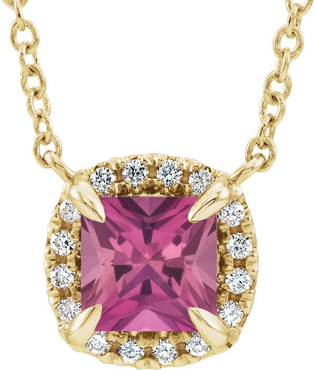 14K Gold Square Natural Pink Tourmaline & Natural Diamond Halo-Style Necklace - Yellow Gold