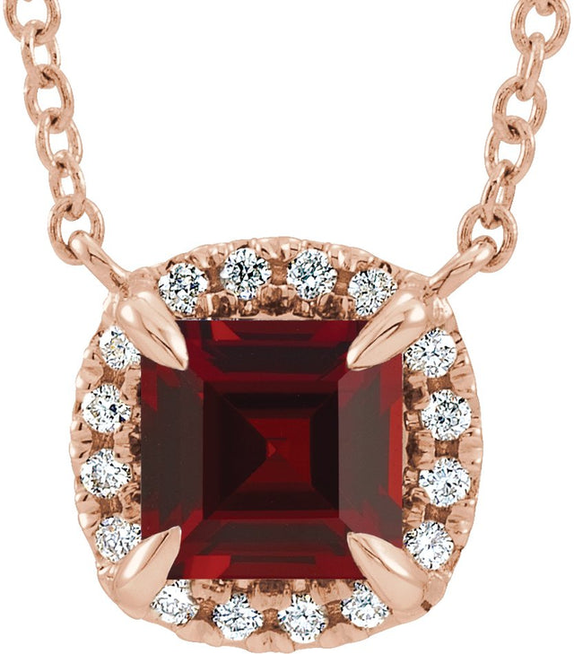 14K Gold Square Natural Mozambique Garnet & Natural Diamond Halo-Style Necklace - Rose Gold