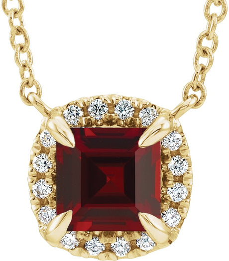 14K Gold Square Natural Mozambique Garnet & Natural Diamond Halo-Style Necklace - Yellow Gold