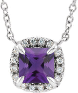 Platinum Square Natural Amethyst & Natural Diamond Halo-Style Necklace
