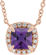 14K Gold Square Natural Amethyst & Natural Diamond Halo-Style Necklace - Rose Gold