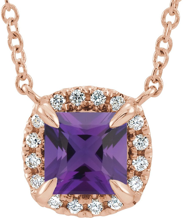 14K Gold Square Natural Amethyst & Natural Diamond Halo-Style Necklace - Rose Gold