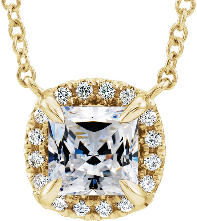 14K Gold Square Natural White Sapphire & Natural Diamond Halo-Style Necklace - Yellow Gold