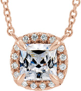 14K Gold Square Natural White Sapphire & Natural Diamond Halo-Style Necklace - Rose Gold