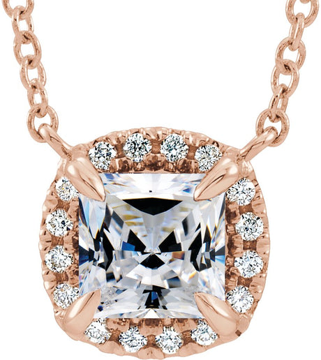 14K Gold Square Natural White Sapphire & Natural Diamond Halo-Style Necklace - Rose Gold