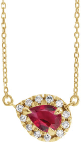 14K Gold Pear Natural Ruby & Natural Diamond French-Set Halo-Style Necklace - Yellow Gold