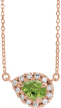 14K Gold Pear Natural Peridot & Natural Diamond French-Set Halo-Style Necklace - Rose Gold