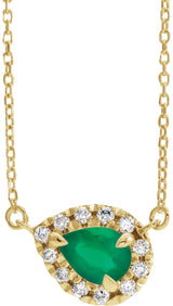 14K Gold Pear Natural Emerald & Natural Diamond French-Set Halo-Style Necklace - Yellow Gold
