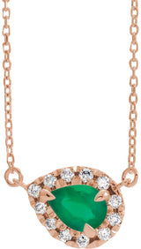 14K Gold Pear Natural Emerald & Natural Diamond French-Set Halo-Style Necklace - Rose Gold