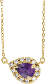 14K Gold Pear Natural Amethyst & Natural Diamond French-Set Halo-Style Necklace - Yellow Gold