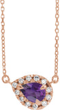 14K Gold Pear Natural Amethyst & Natural Diamond French-Set Halo-Style Necklace - Rose Gold