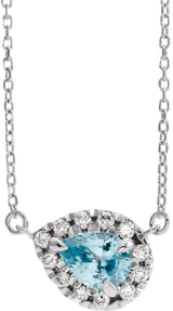 14K Gold Pear Natural Aquamarine & Natural Diamond French-Set Halo-Style Necklace - White Gold