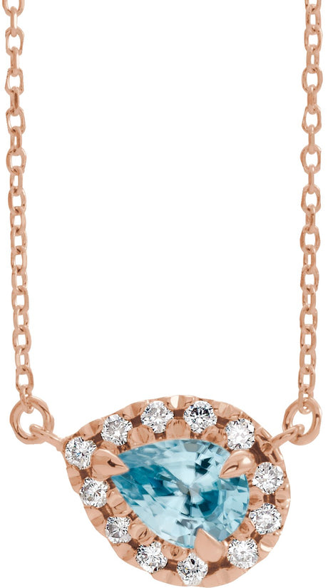 14K Gold Pear Natural Sky Blue Topaz & Natural Diamond French-Set Halo-Style Necklace - Rose Gold