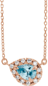 14K Gold Pear Natural Aquamarine & Natural Diamond French-Set Halo-Style Necklace - Rose Gold