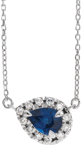 Platinum Pear Natural Blue Sapphire & Natural Diamond French-Set Halo-Style Necklace