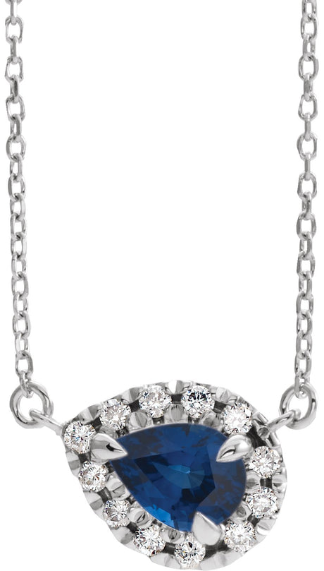 Platinum Pear Natural Blue Sapphire & Natural Diamond French-Set Halo-Style Necklace