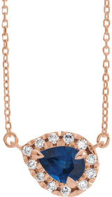 14K Gold Pear Lab-Grown Blue Sapphire & Natural Diamond French-Set Halo-Style Necklace - Rose Gold
