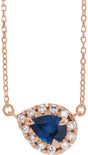 14K Gold Pear Lab-Grown Blue Sapphire & Natural Diamond French-Set Halo-Style Necklace - Rose Gold