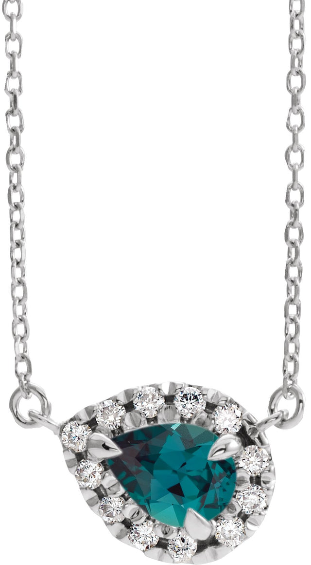 14K Gold Pear Lab-Grown Alexandrite & Natural Diamond French-Set Halo-Style Necklace - White Gold