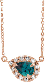 14K Gold Pear Lab-Grown Alexandrite & Natural Diamond French-Set Halo-Style Necklace - Rose Gold