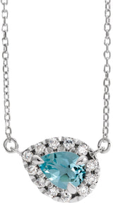 Platinum Pear Natural Blue Zircon & Natural Diamond French-Set Halo-Style Necklace