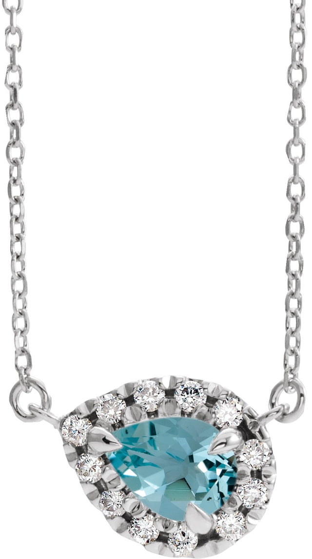 Platinum Pear Natural Blue Zircon & Natural Diamond French-Set Halo-Style Necklace