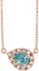14K Gold Pear Natural Blue Zircon & Natural Diamond French-Set Halo-Style Necklace - Rose Gold