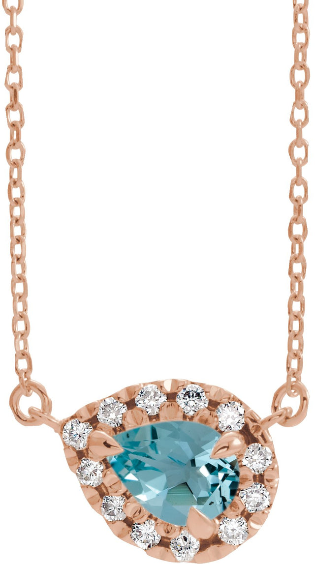 14K Gold Pear Natural Blue Zircon & Natural Diamond French-Set Halo-Style Necklace - Rose Gold