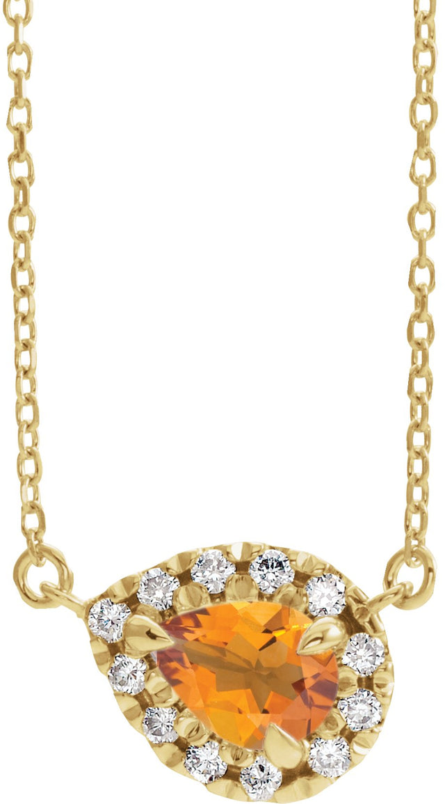 14K Gold Pear Natural Citrine & Natural Diamond French-Set Halo-Style Necklace - Yellow Gold