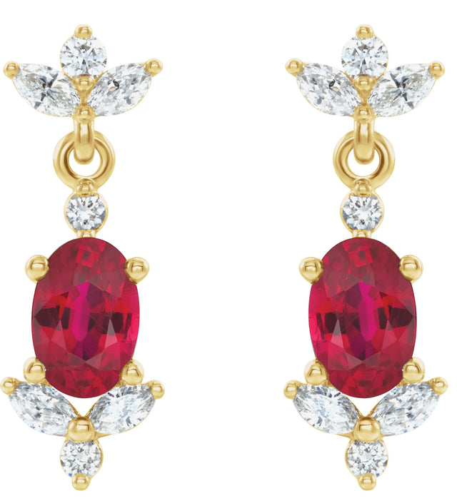 14K Gold Oval Natural Ruby & Natural Diamond Accented Earrings - Yellow Gold - view 2