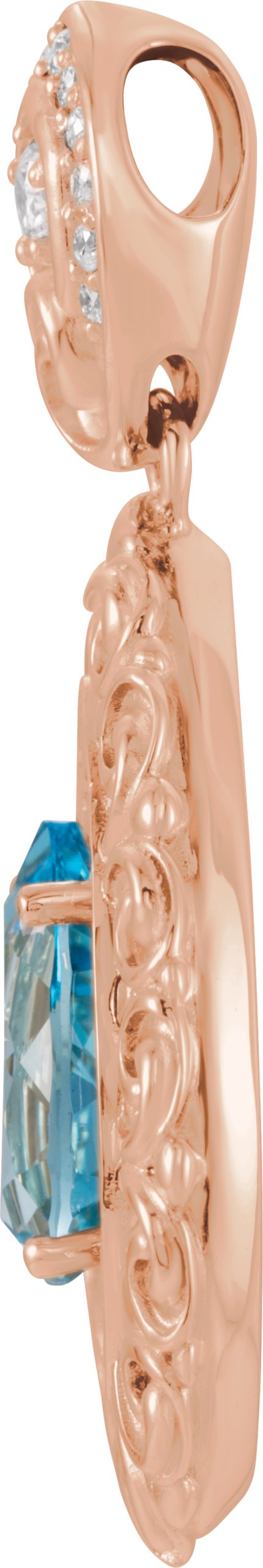 14K Gold Pear Natural Swiss Blue Topaz & Natural Diamond Vintage-Inspired Halo-Style Pendant - Rose Gold - view 2