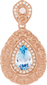 14K Gold Pear Natural Swiss Blue Topaz & Natural Diamond Vintage-Inspired Halo-Style Pendant - Rose Gold