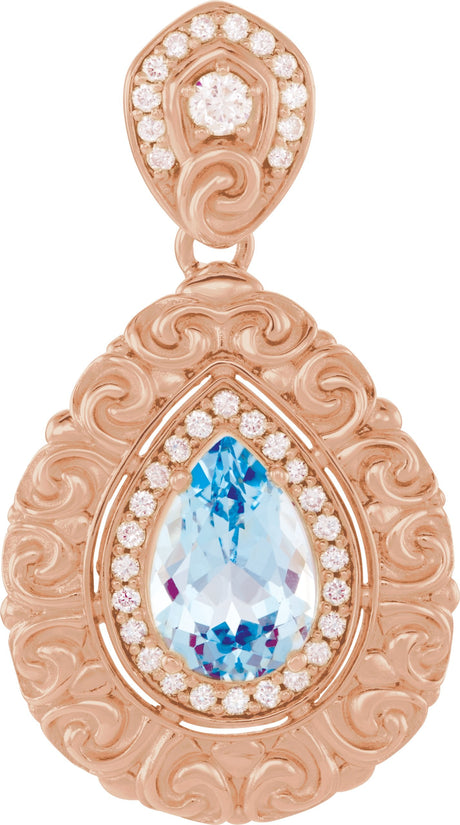 14K Gold Pear Natural Swiss Blue Topaz & Natural Diamond Vintage-Inspired Halo-Style Pendant - Rose Gold
