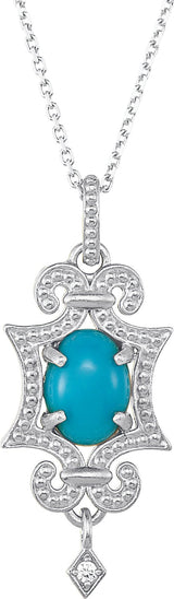 14K Gold Oval Natural Turquoise & Natural Diamond Granulated Necklace or Pendant - White Gold