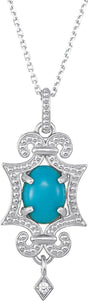 14K Gold Oval Natural Turquoise & Natural Diamond Granulated Necklace or Pendant - White Gold