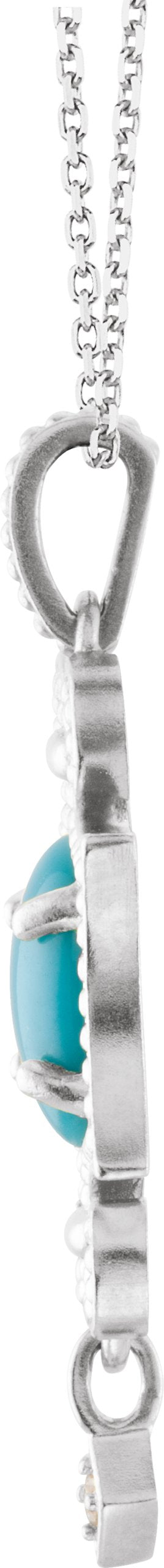 14K Gold Oval Natural Turquoise & Natural Diamond Granulated Necklace or Pendant - White Gold - view 2