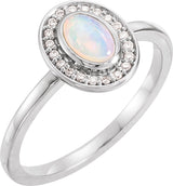 14K Gold Oval Natural White Opal & Natural Diamond Halo-Style Cabochon Ring - White Gold