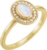 14K Gold Oval Natural White Opal & Natural Diamond Halo-Style Cabochon Ring - Yellow Gold