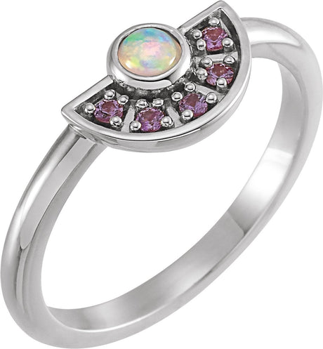 Platinum Round Natural Ethiopian Opal & Natural Pink Sapphire Fan Ring