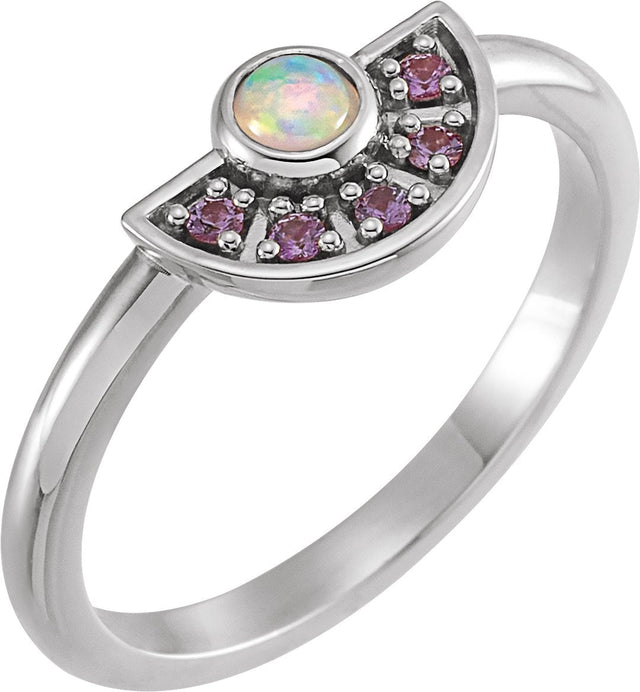 14K Gold Round Natural Ethiopian Opal & Natural Pink Sapphire Fan Ring - White Gold