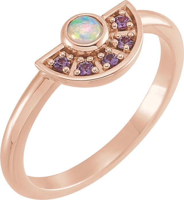 14K Gold Round Natural Ethiopian Opal & Natural Pink Sapphire Fan Ring - Rose Gold