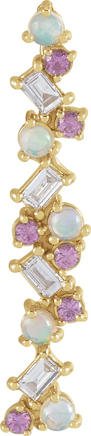 14K Gold Natural Ethiopian Opal & Natural Pink Sapphire & Natural Diamond Scattered Bar Pendant – 1/8 CTW - Yellow Gold