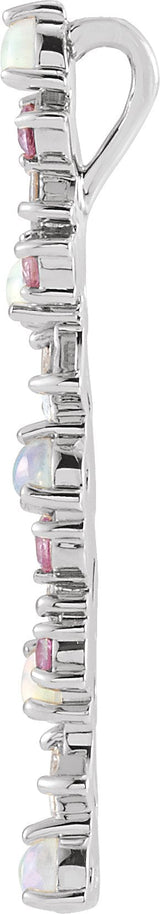 14K Gold Natural Ethiopian Opal & Natural Pink Sapphire & Natural Diamond Scattered Bar Pendant – 1/8 CTW - White Gold - view 2