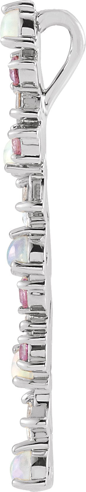 14K Gold Natural Ethiopian Opal & Natural Pink Sapphire & Natural Diamond Scattered Bar Pendant – 1/8 CTW - White Gold - view 2