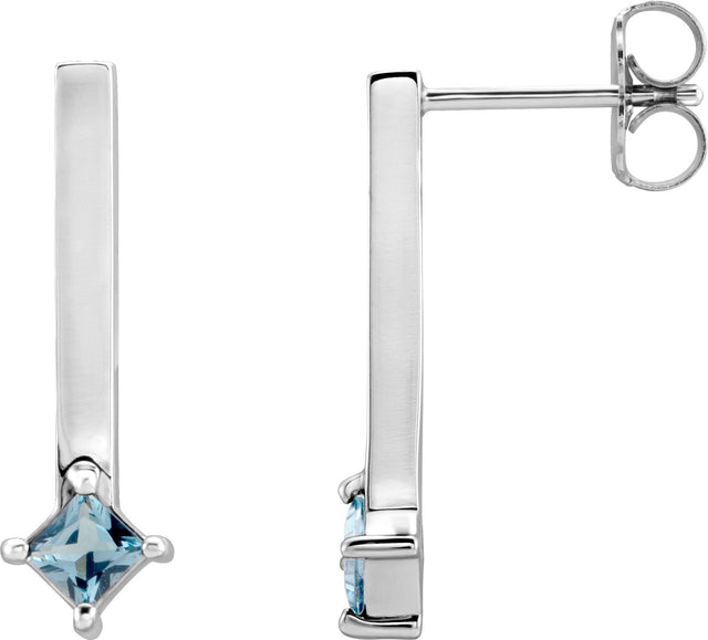 Platinum Square Natural London Blue Topaz Bar Drop Earrings