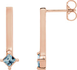14K Gold Square Natural London Blue Topaz Bar Drop Earrings - Rose Gold