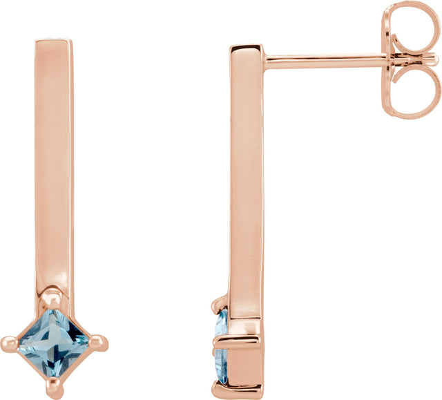 14K Gold Square Natural London Blue Topaz Bar Drop Earrings - Rose Gold