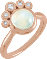 14K Gold Round Natural Rainbow Moonstone & Natural Diamond Bezel-Set Cabochon Ring - Rose Gold