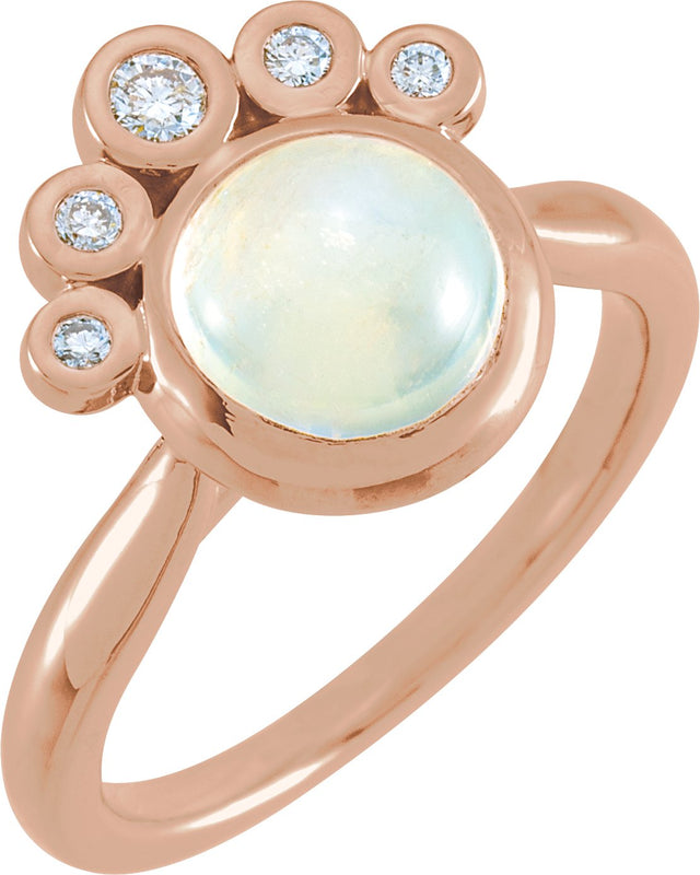 14K Gold Round Natural Rainbow Moonstone & Natural Diamond Bezel-Set Cabochon Ring - Rose Gold